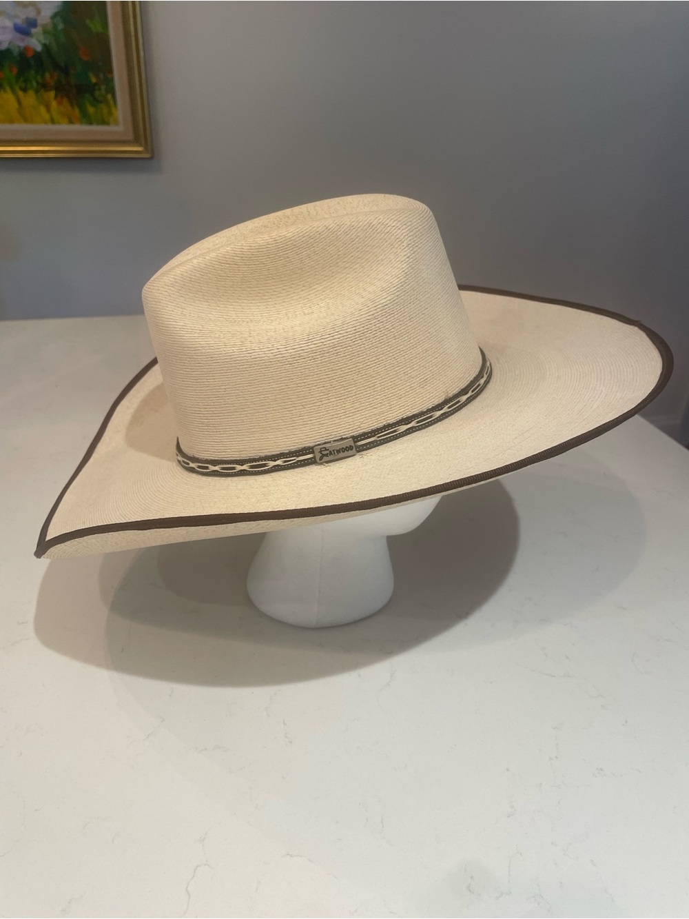 Atwood Straw Western Hat with Brown Trim, 6 7/8, long oval, 15x